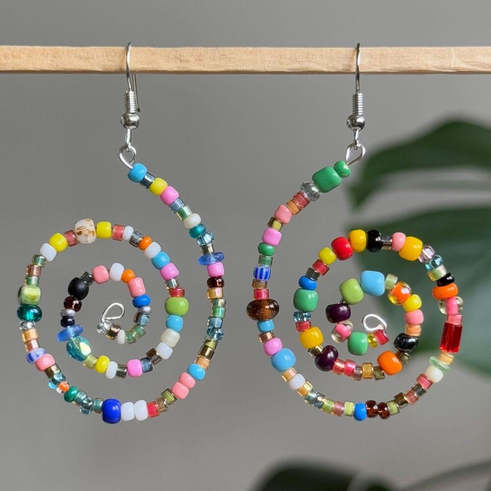Handmade colorful beaded spiral earrings